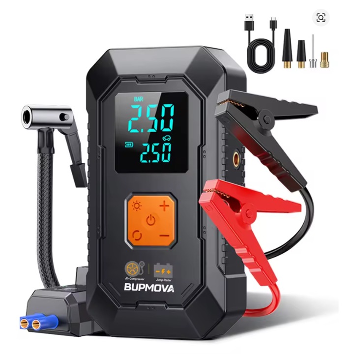 Starter auto 4 in 1 BUPMOVA, portabil, 7000A, capacitate 26.800 mAh, robot de pornire, compresor, baterie externa, lanterna, ecran LED