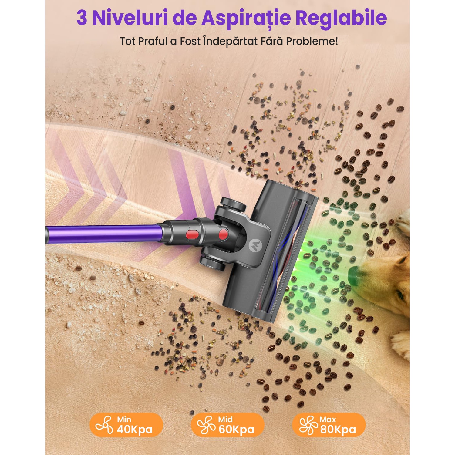 Aspirator Vertical Fara Fir MAUOKE® V15S, 80kPa, 75min, HEPA -Filtrare de Calitate Medicala H13, 1.8L Praf Colector, LED Anti-incurcare Cap de Perie in V, 50 dB Ultra-silentios, Ecran Tactil OLED, Incarcare Montata pe Perete, 12-in-1, Violet/Auriu
