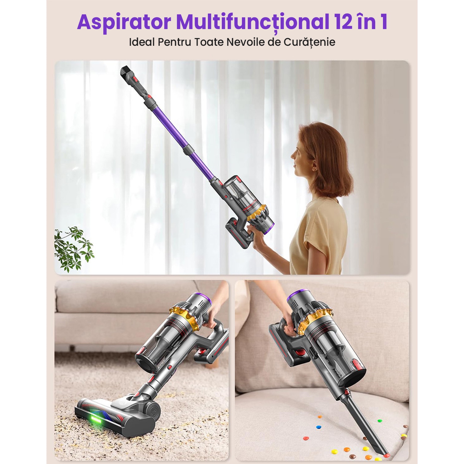Aspirator Vertical Fara Fir MAUOKE® V15S, 80kPa, 75min, HEPA -Filtrare de Calitate Medicala H13, 1.8L Praf Colector, LED Anti-incurcare Cap de Perie in V, 50 dB Ultra-silentios, Ecran Tactil OLED, Incarcare Montata pe Perete, 12-in-1, Violet/Auriu