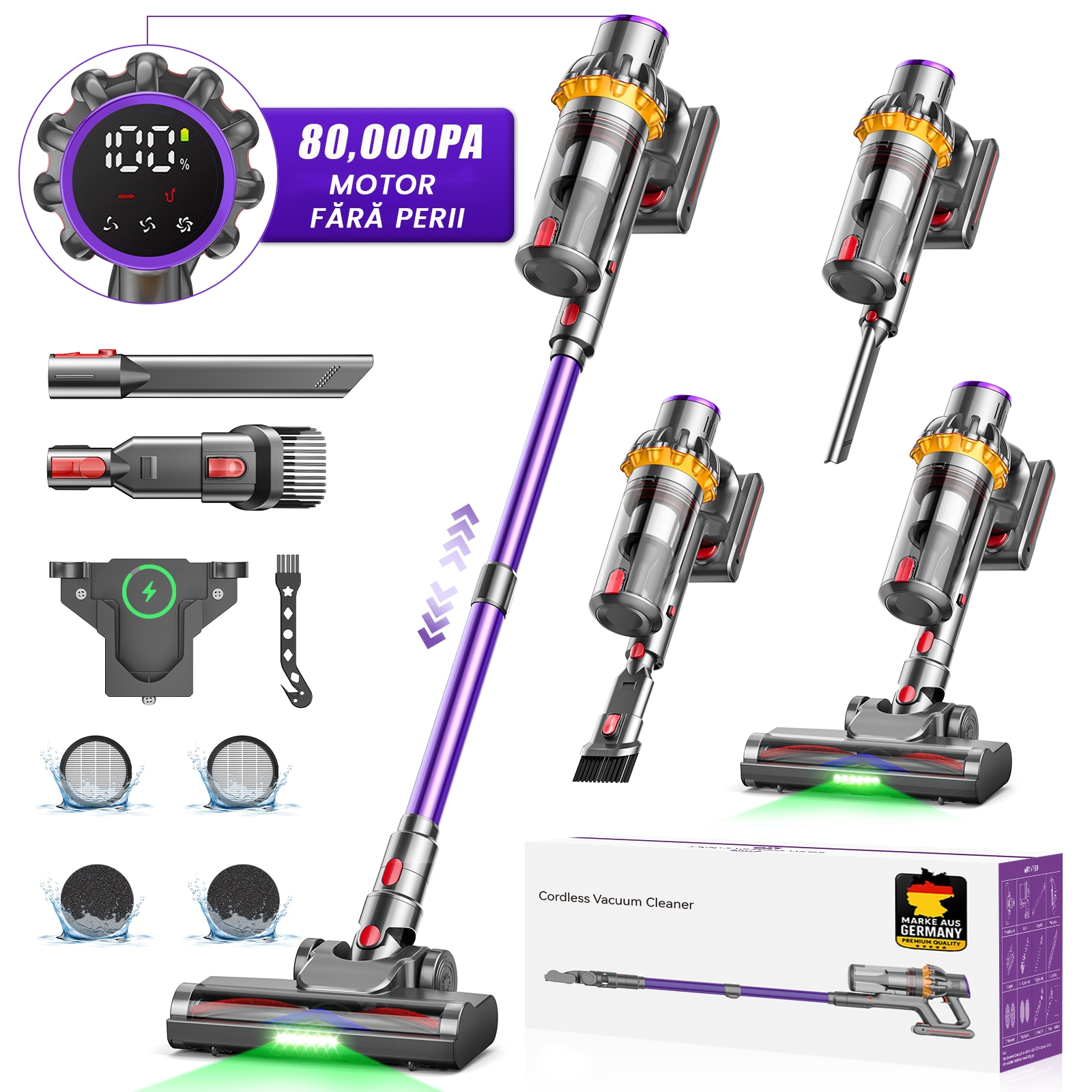 Aspirator Vertical Fara Fir MAUOKE® V15S, 80kPa, 75min, HEPA -Filtrare de Calitate Medicala H13, 1.8L Praf Colector, LED Anti-incurcare Cap de Perie in V, 50 dB Ultra-silentios, Ecran Tactil OLED, Incarcare Montata pe Perete, 12-in-1, Violet/Auriu