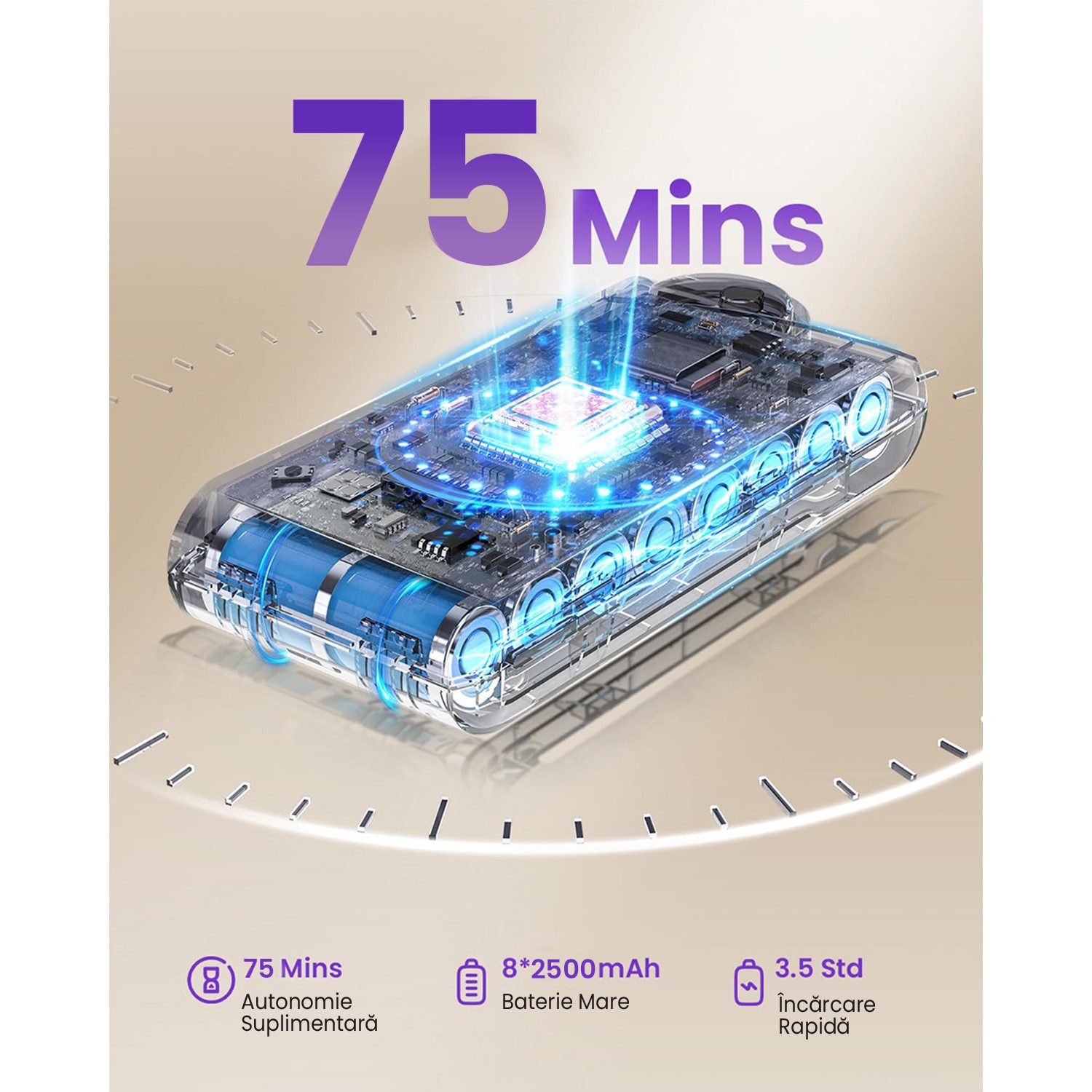 Aspirator Vertical Fara Fir MAUOKE® V15S, 80kPa, 75min, HEPA -Filtrare de Calitate Medicala H13, 1.8L Praf Colector, LED Anti-incurcare Cap de Perie in V, 50 dB Ultra-silentios, Ecran Tactil OLED, Incarcare Montata pe Perete, 12-in-1, Violet/Auriu