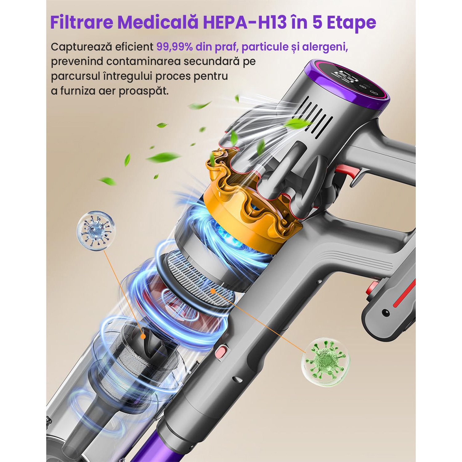 Aspirator Vertical Fara Fir MAUOKE® V15S, 80kPa, 75min, HEPA -Filtrare de Calitate Medicala H13, 1.8L Praf Colector, LED Anti-incurcare Cap de Perie in V, 50 dB Ultra-silentios, Ecran Tactil OLED, Incarcare Montata pe Perete, 12-in-1, Violet/Auriu