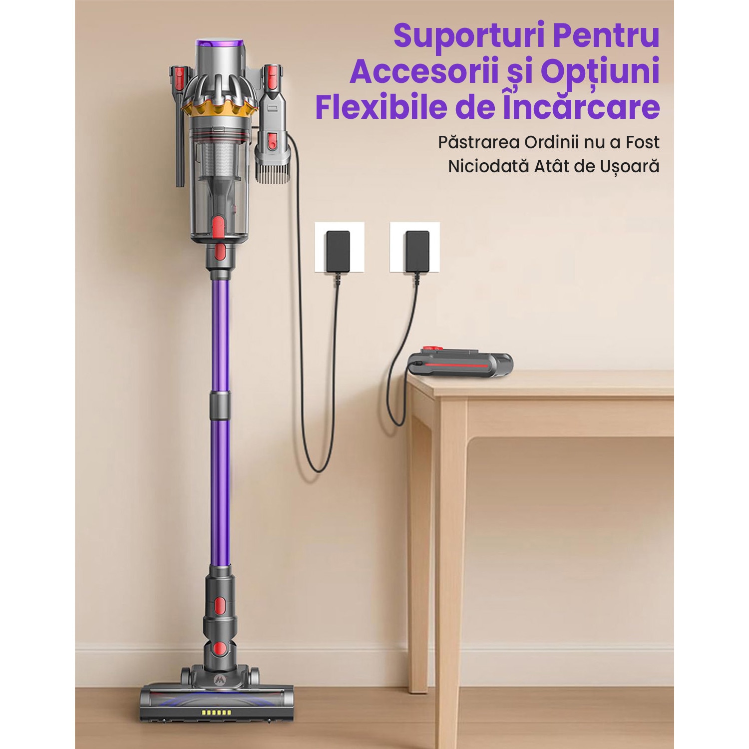 Aspirator Vertical Fara Fir MAUOKE® V15S, 80kPa, 75min, HEPA -Filtrare de Calitate Medicala H13, 1.8L Praf Colector, LED Anti-incurcare Cap de Perie in V, 50 dB Ultra-silentios, Ecran Tactil OLED, Incarcare Montata pe Perete, 12-in-1, Violet/Auriu