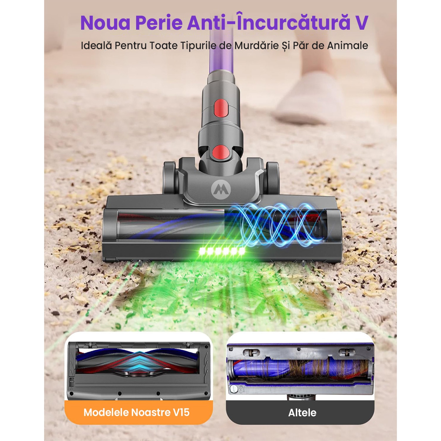 Aspirator Vertical Fara Fir MAUOKE® V15S, 80kPa, 75min, HEPA -Filtrare de Calitate Medicala H13, 1.8L Praf Colector, LED Anti-incurcare Cap de Perie in V, 50 dB Ultra-silentios, Ecran Tactil OLED, Incarcare Montata pe Perete, 12-in-1, Violet/Auriu