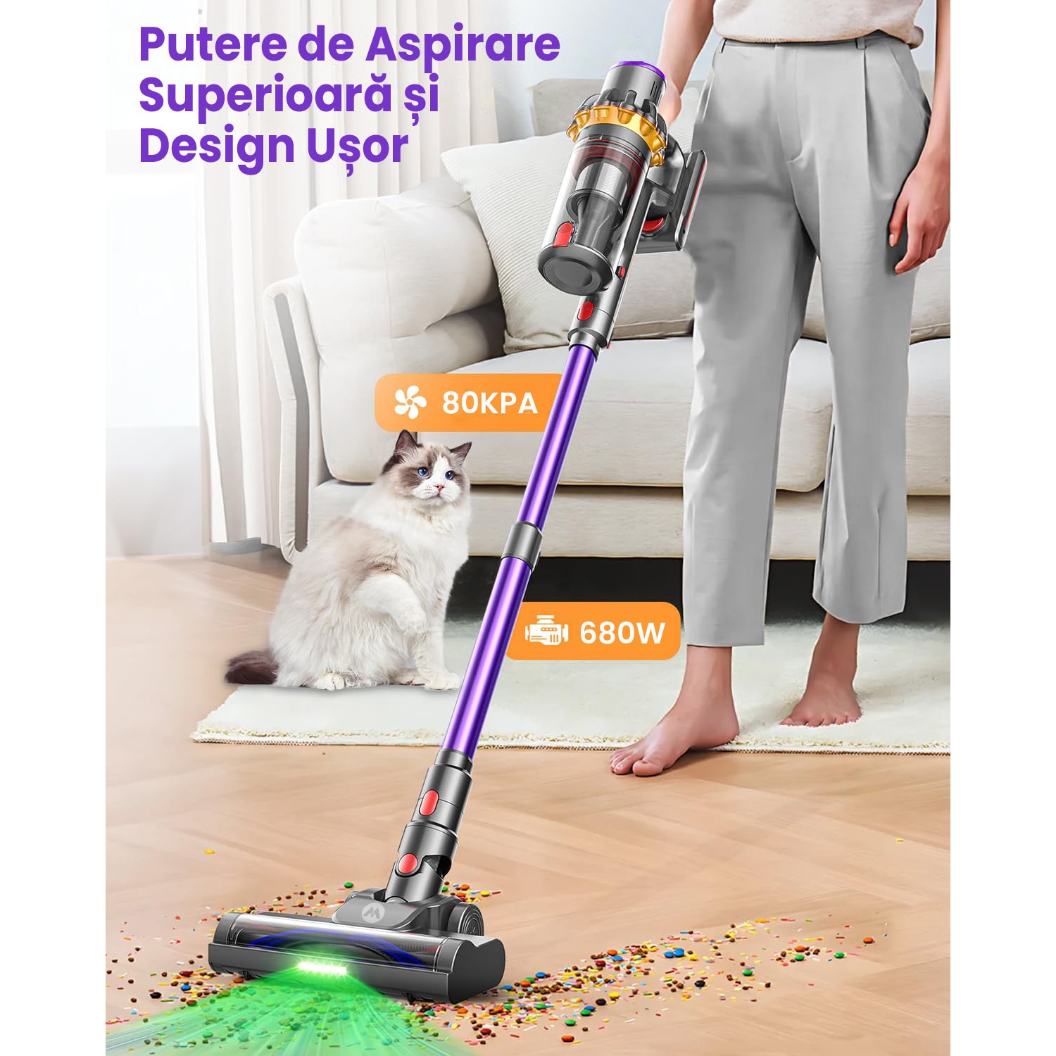 Aspirator Vertical Fara Fir MAUOKE® V15S, 80kPa, 75min, HEPA -Filtrare de Calitate Medicala H13, 1.8L Praf Colector, LED Anti-incurcare Cap de Perie in V, 50 dB Ultra-silentios, Ecran Tactil OLED, Incarcare Montata pe Perete, 12-in-1, Violet/Auriu
