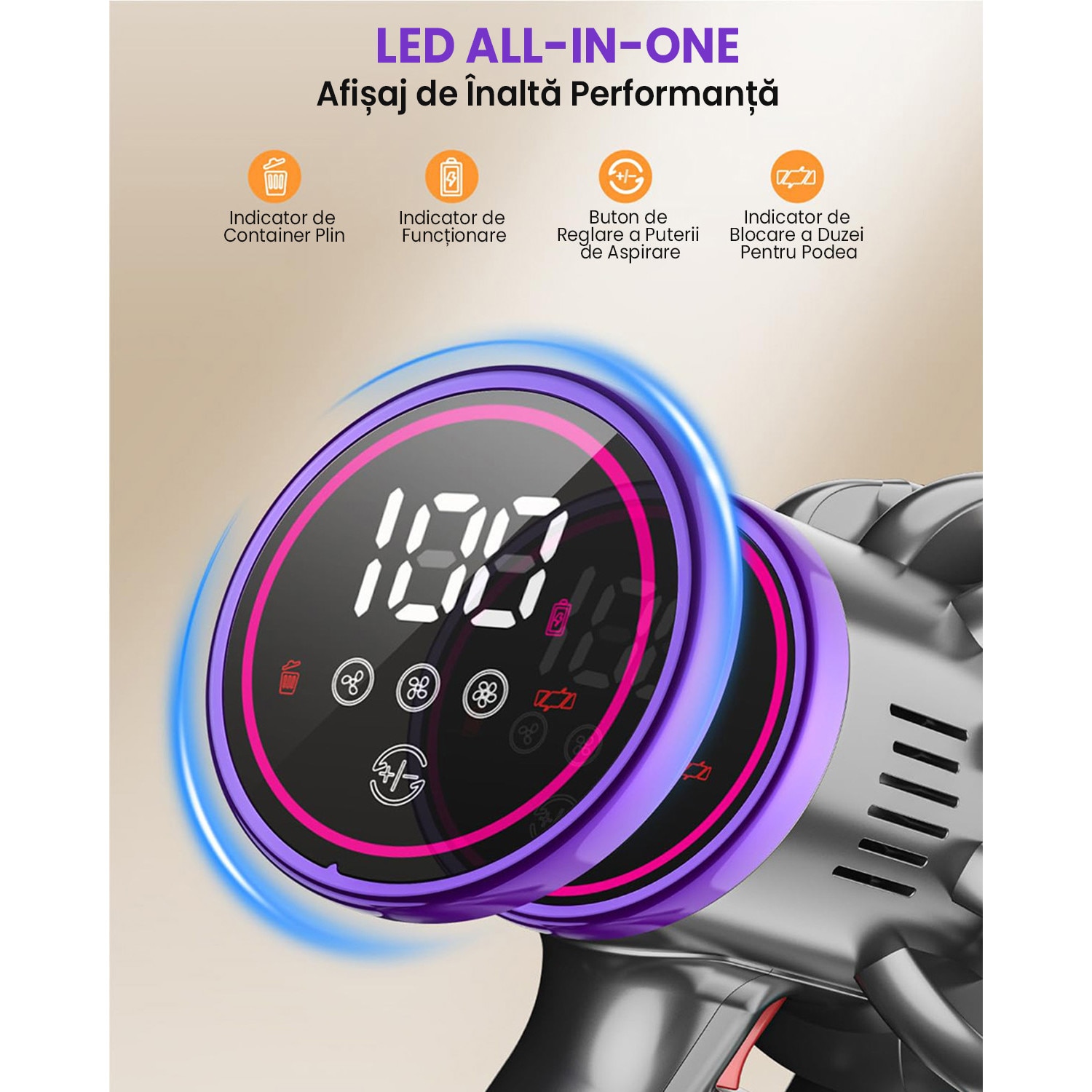 Aspirator Vertical Fara Fir MAUOKE® V15S, 80kPa, 75min, HEPA -Filtrare de Calitate Medicala H13, 1.8L Praf Colector, LED Anti-incurcare Cap de Perie in V, 50 dB Ultra-silentios, Ecran Tactil OLED, Incarcare Montata pe Perete, 12-in-1, Violet/Auriu