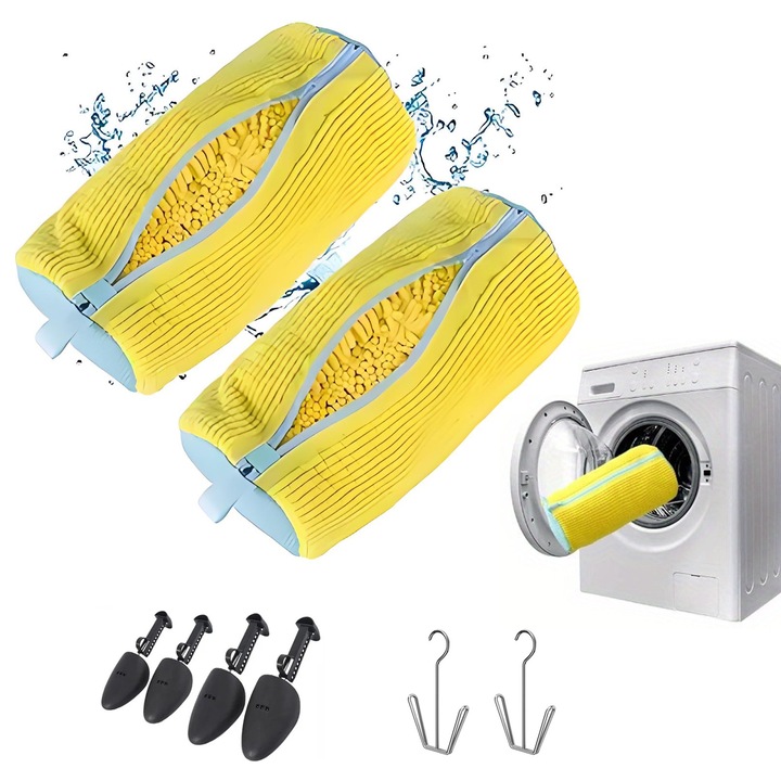Set 2 sac pentru spalat incaltaminte masina de spalat, asskanaer, Cu Shoe stretchers si stainless steel shoe hangers, Anti-deformare si anti-decolorare, Reutilizabile, Compatibil masina de spalat, Poliester, 39x19cm, Galben