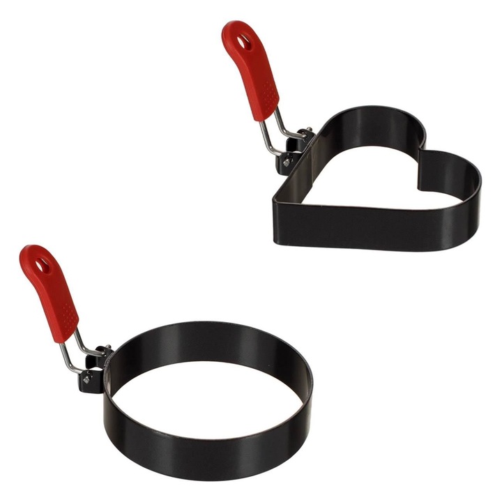 Set 2 forme pentru prajit oua, modele in froma de cer si inima, metal/silicon, negru/rosu