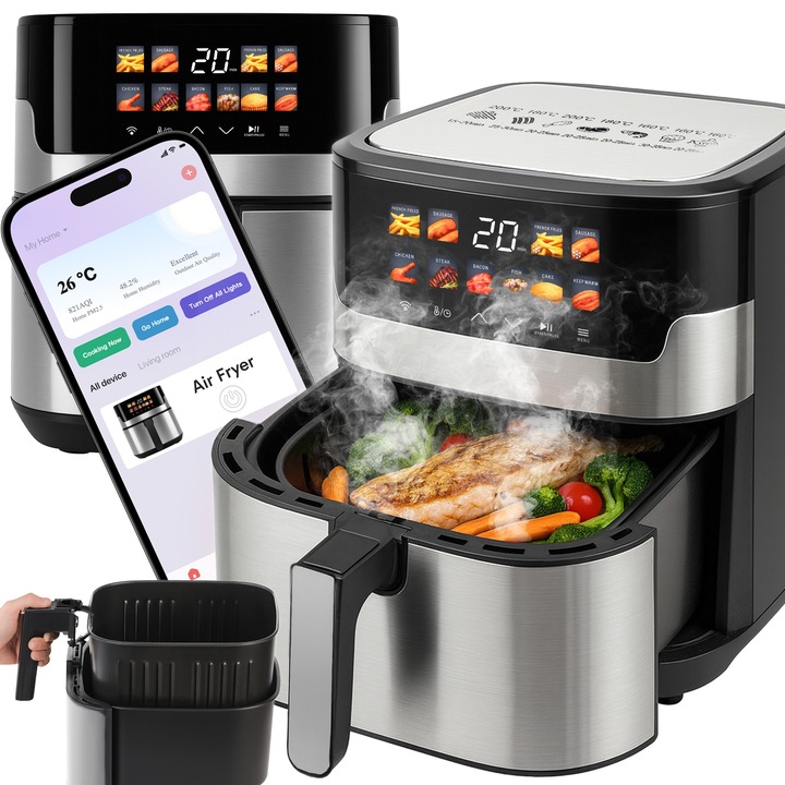 Friteuza cu Aer Cald RETOO TechPro, 2200W, 6.5 L, Air Fryer XL, Airfryer cu Temperatura Reglabila 80–200°C, 10 Programe de Gatit, Timer 60 Minute, Cos Detasabil, Invelis Antiaderent, Display Digital, Gatire Rapida si Uniforma, Sistem de Circulatie