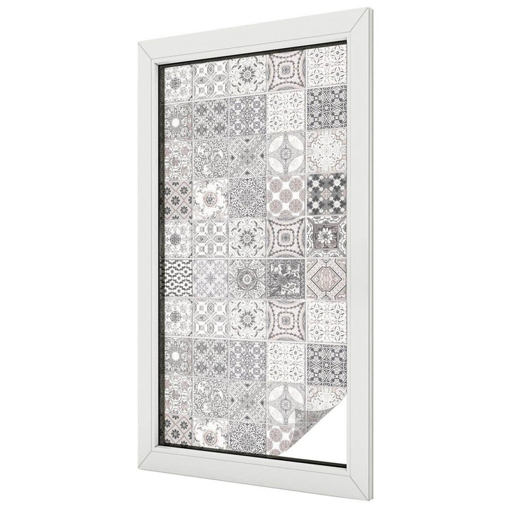 Autocolant Folie Autoadeziva Decorativa, Tulup, Model elegant de gresie in nuante de gri, Geam Vitraliu, 50x100 cm, Ideal Pentru Decor Interior, 010450850010000007834