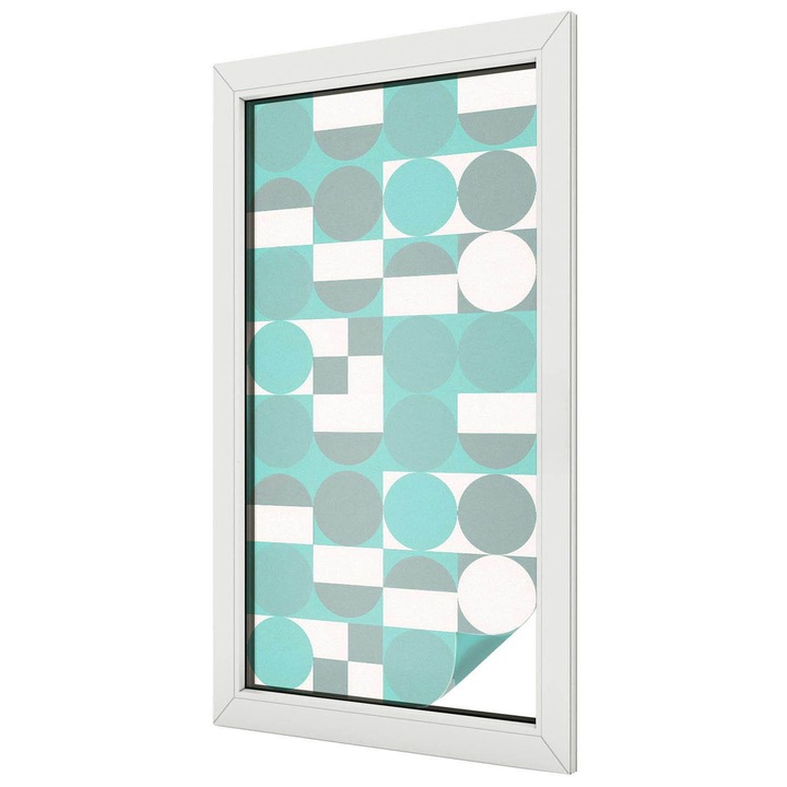 Autocolant Folie Autoadeziva Decorativa, Tulup, Cercuri albastre patrate albe simetrie, Ideal Pentru Ferestre si Geamuri Interioare, 50x100 cm, Ideal Pentru Decor Interior, 010450850010000282934