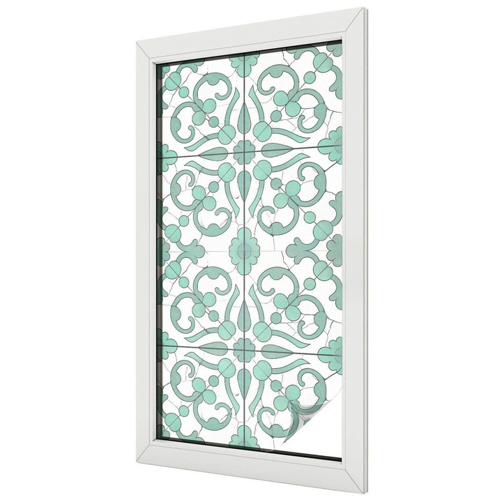 Folie geam vitraliu, Tulup, Ornamente vegetale in culoarea verde, Vitraliu Autoadeziv, 50x100 cm, Ideal Pentru Decor Interior, 010450850010000282918