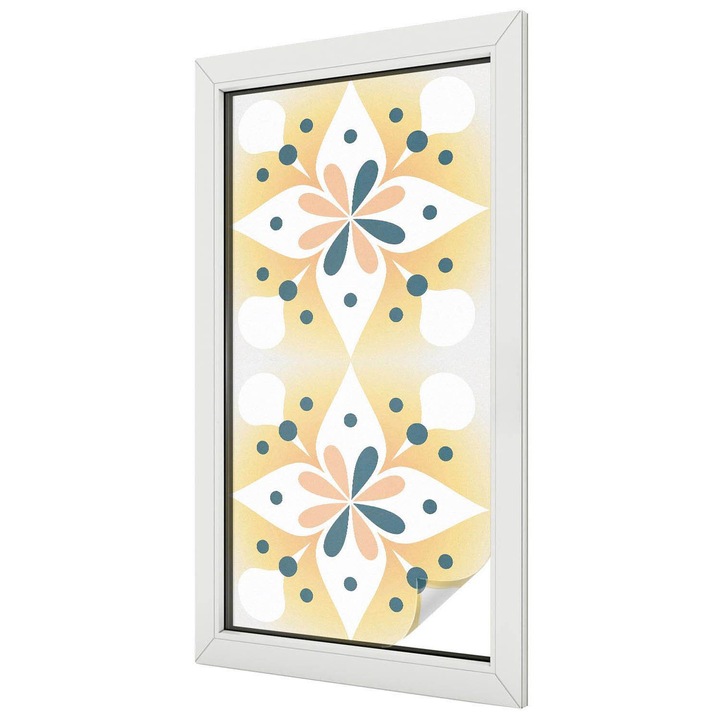 Öntapadós vitrázs fólia, Tulup, Virágszimmetria, Sárga, 50x100 cm, Dekorációs Ablakfólia, Megfelelő méret ablakokhoz vagy világos felületekhez, 010450850010000283086