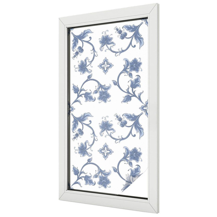 Autocolant Pentru Geam si Folie Decorativa Autoadeziva, Tulup, Ornamente florale albastre, Vitraliu Autoadeziv, 50x100 cm, Ideal Pentru Decor Interior, 010450850010000283303