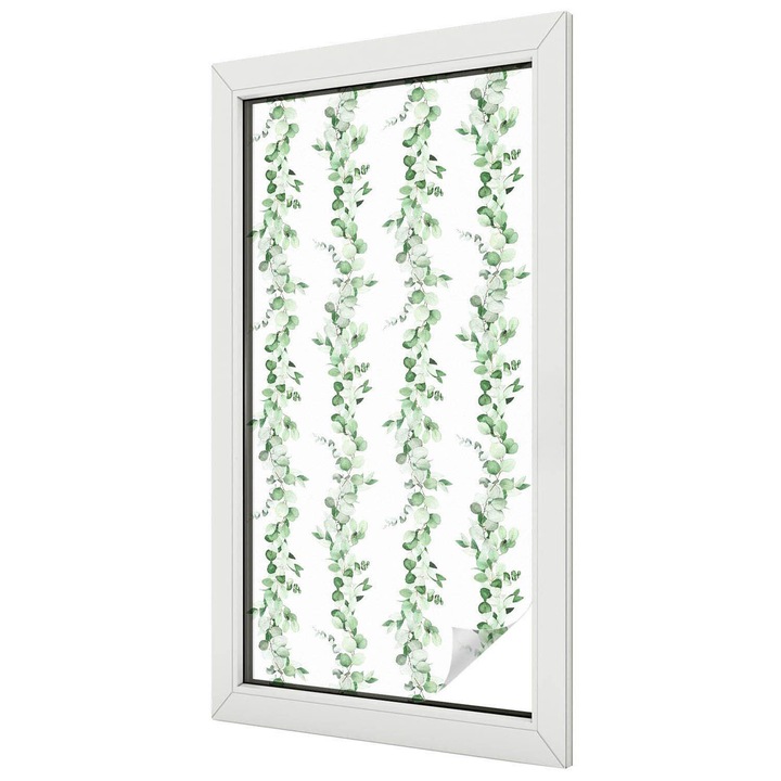 Ablak matrica ólomüveg, Tulup, Zöld füzérek, Fehér, 50x100 cm, Dekorációs Ablakfólia, Megfelelő méret ablakokhoz vagy világos felületekhez, 010450850010000088405