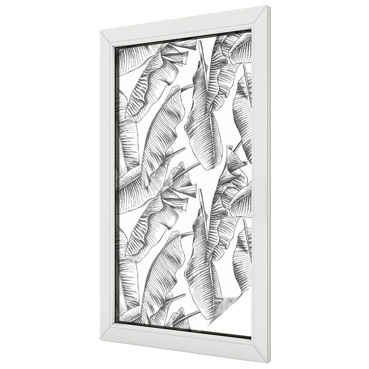 Folie Decorativa, Tulup, Frunze tropicale alb-negru, Geam Vitraliu, 50x100 cm, Ideal Pentru Decor Interior, 010450850010000010925