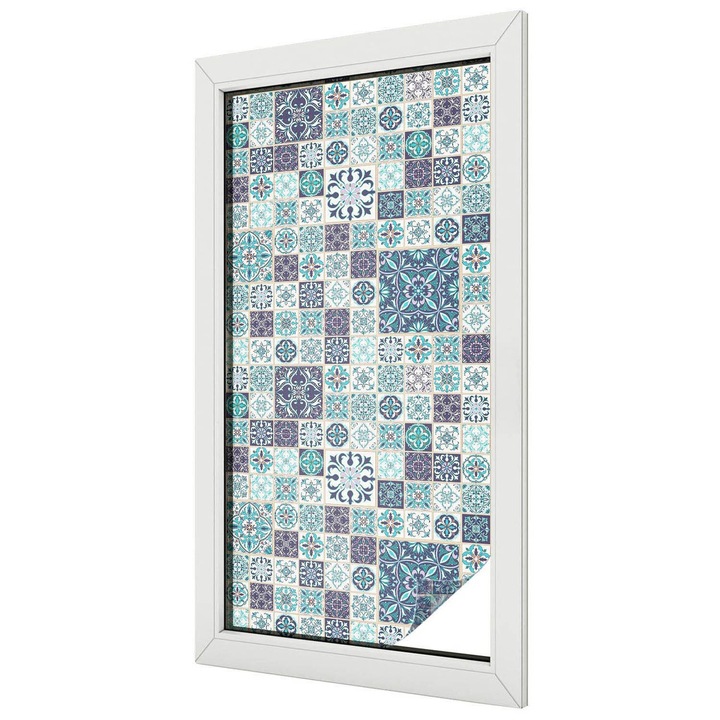 Dekor üvegfólia, Tulup, Virágos csempe, Kék, 50x100 cm, Dekorációs Ablakfólia, Megfelelő méret ablakokhoz vagy világos felületekhez, 010450850010000013180