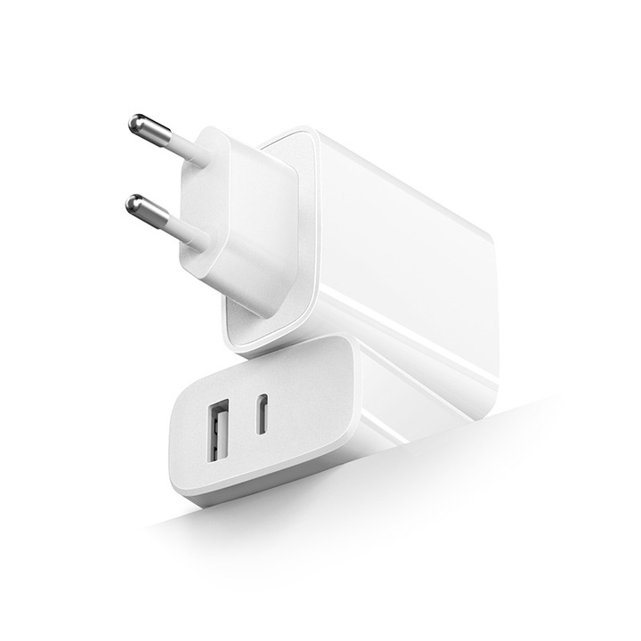 Încărcător YakiHoki GaN 35W, Dual Port USB-C + USB-A, Alb
