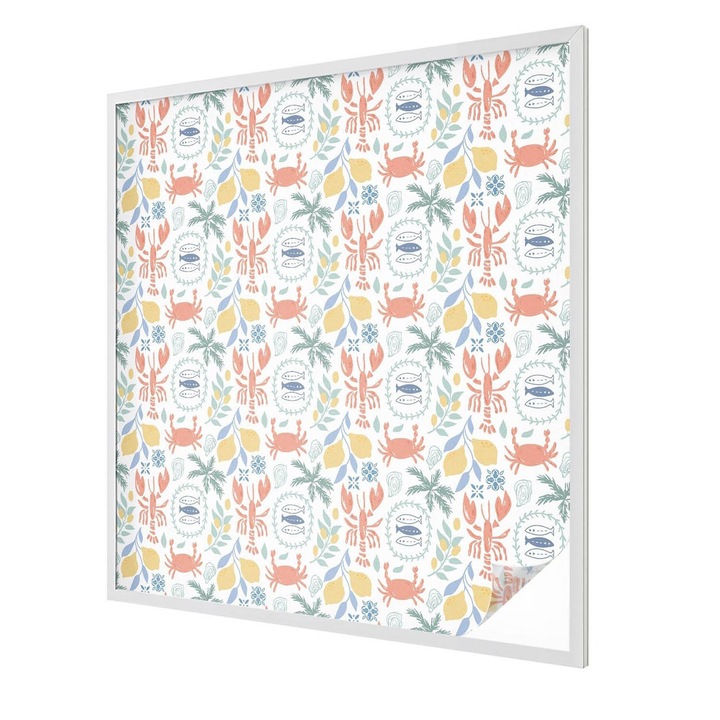 Folie Decorativa, Tulup, Model nautic cu homari si lamai, Autoadeziva cu Efect de Vitraliu, 100x100 cm, Ideal Pentru Decor Interior, 010450850020000288849