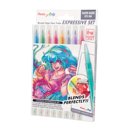 Set de 8 markere cu pensule Pentel, multicolor, cu palete de amestec si cu rezervor pentru apa