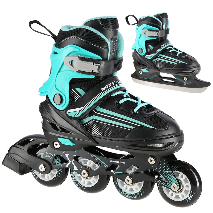 Role si patine reglabile 2-in-1 pentru copii, lama din otel inoxidabil si sina din aluminiu, roti PU, rulmenti ABEC-7, Nils Extreme NH18190, marimea M 34-38, negru-albastru