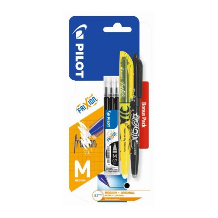 Set pix cu gel Frixion Ball, 0.7mm, 3 rezerve, negru, marker Frixion Light, galben