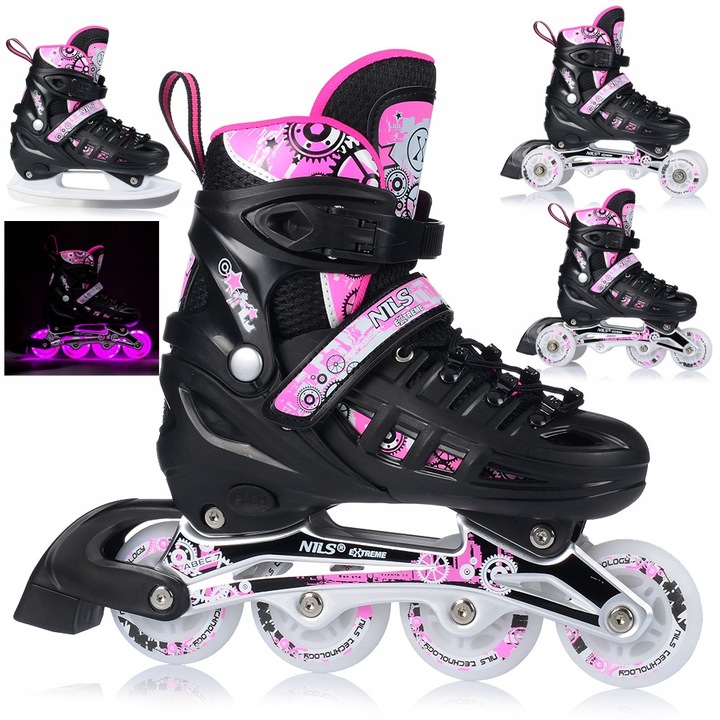 Role si patine reglabile 4-in-1 pentru copii – patine, role, patine cu roti, role-patine, roti PU, rulmenti ABEC-7, Led, Nils Extreme NH10905, marimea L 39-42, Negru/roz