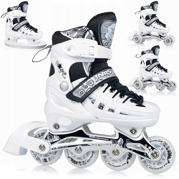 Role si patine reglabile 4-in-1 pentru copii – patine, role, patine cu roti, role-patine, roti PU Led, rulmenti ABEC-7, Nils Extreme NH10905, marimea M 35-38, Alb