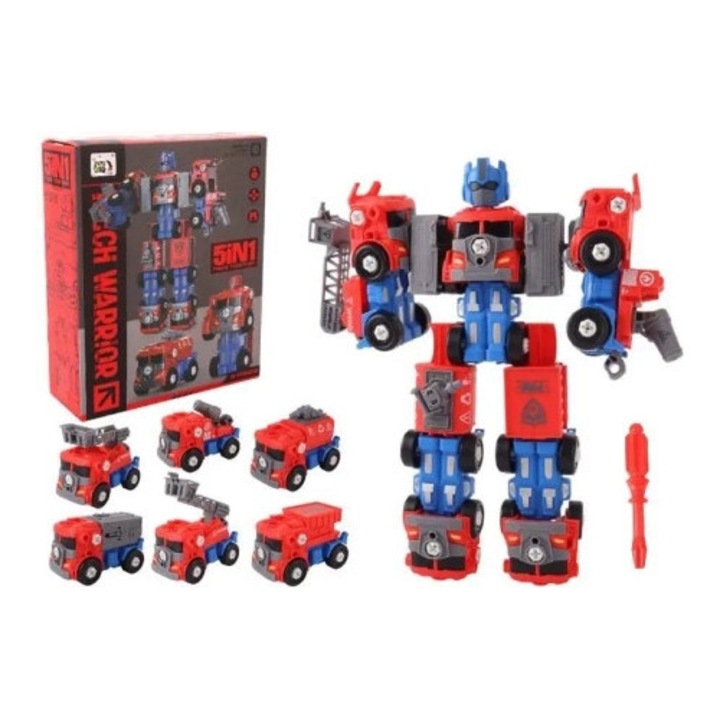 Set de constructie Robot 5w1 Pro Kids, 5 vehicule speciale, rosu, dimensiuni variate