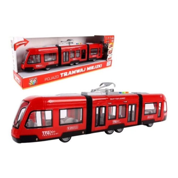 Tramvai urban Pro Kids, 1:16, rosu, efecte sonore si luminoase, usi deschise