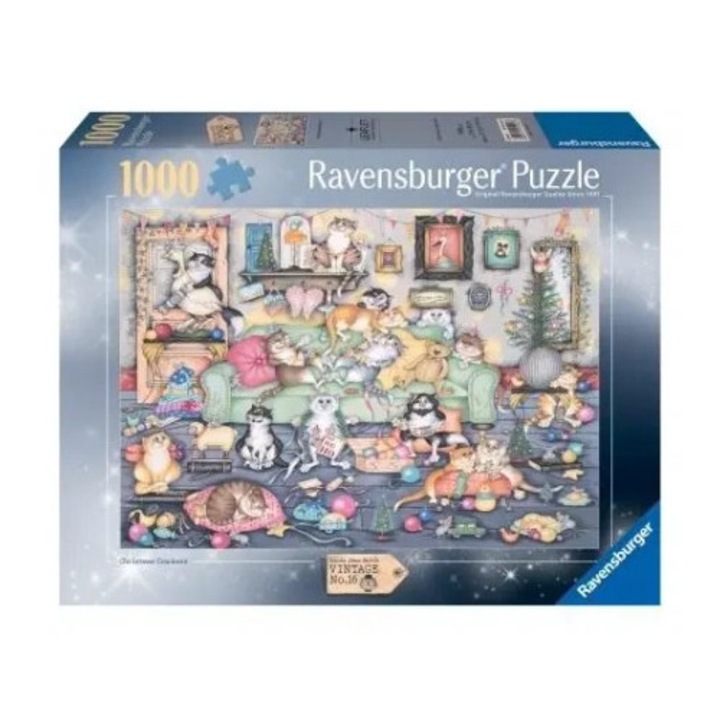 Puzzle 1000 Ravensburger, Pisici jucause in sarbatori, multicolor