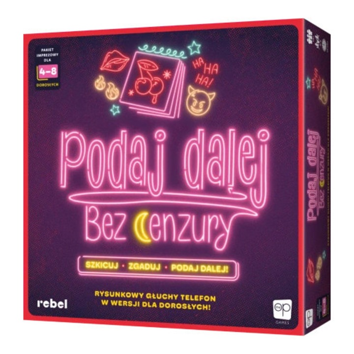 Настолна игра, REBEL, Podaj dalej! Без цензура, комплект 130 карти, 8 тетрадки, 8 маркера, многоцветен