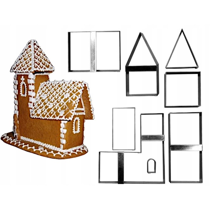 Set 8 forme 3D pentru biserica din turta dulce, EkoForemki, otel galvanizat, 15 cm, usor de curatat