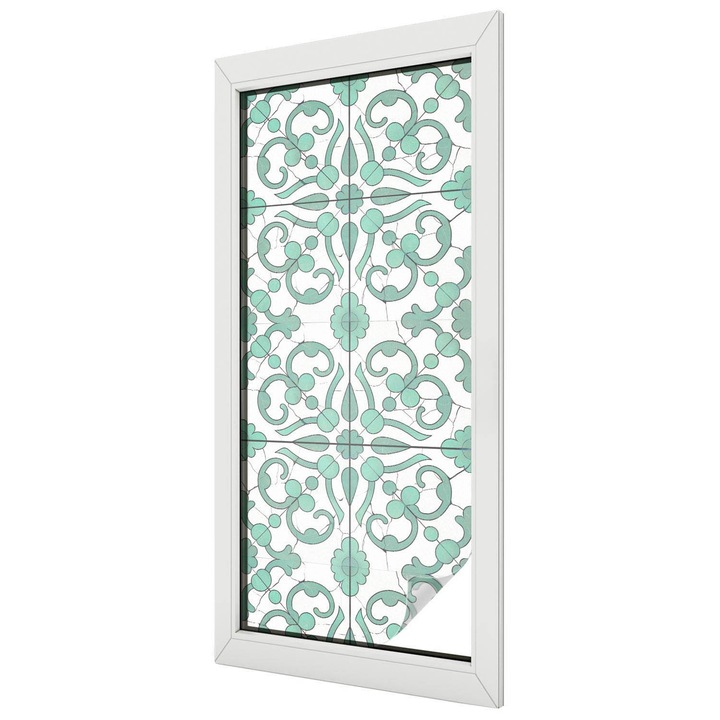 Folie geam vitraliu, Tulup, Ornamente vegetale in culoarea verde, Vitraliu Autoadeziv, 50x116 cm, Ideal Pentru Decor Interior, 010450850040000282918
