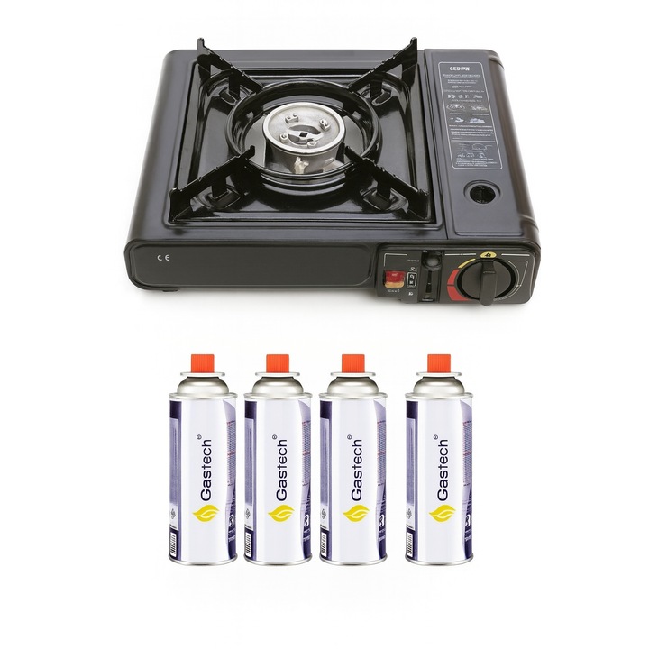 Aragaz Portabil FEROTYB cu Sistem Auto-Aprindere + 4 Butelii Butan Gastech, Ideal Camping, Pescuit, Gratar