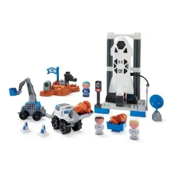 Set de constructie Simba Abrick Baza kosmica cu racheta, platforma de lansare si 3 figurine astronauti, 13,5x13,5x28cm, 18m+