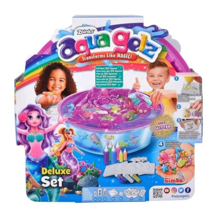 Set creativ Simba Aqua Gelz, Sirene magice, 6 sticle gel, 3 pudre cu sclipici, 6 forme, un bol cu capac si 5 aditivi pentru apă