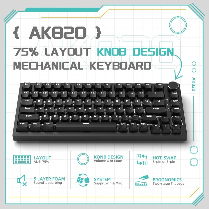 Клавиатура за гейминг Ajazz AK820 с 75% бутон, кабелна Type-C, механична, с възможност за гореща смяна, 5-слойна шумопоглъщаща пяна, бяла LED подсветка, черна