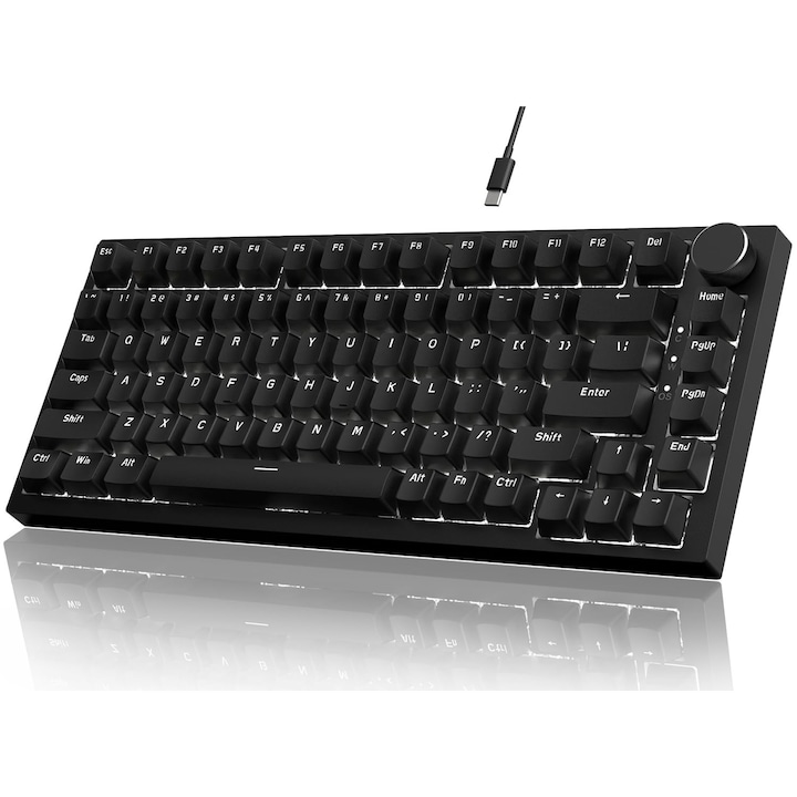 Tastatura mecanica de gaming Ajazz AK820 cu buton 75%, garnitura cu fir Type-C, inlocuibila la cald, spuma absorbanta de zgomot in 5 straturi, iluminare din spate cu LED alb, comutator liniar rosu NKRO pentru PC/Win/Mac-negru