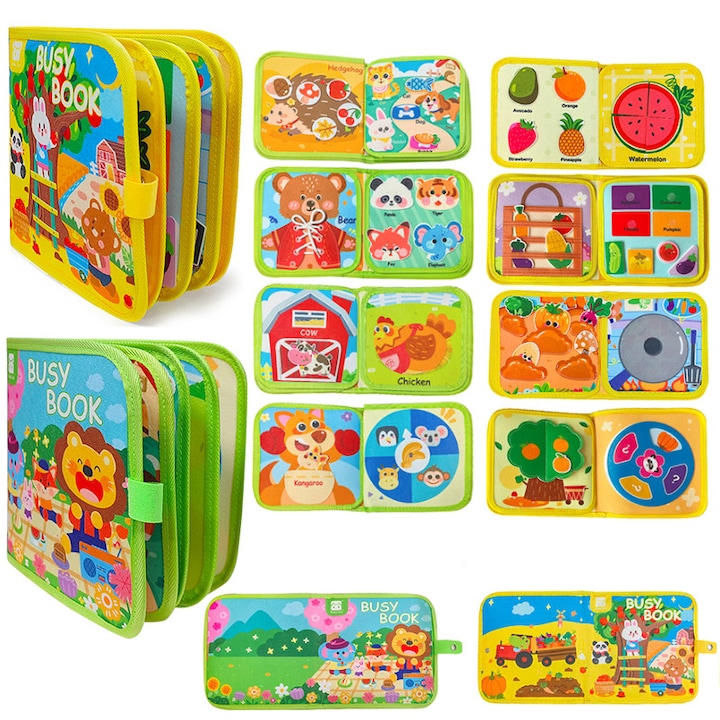 Montessori interaktív játék 16 az 1-ben, Állatos, Gyümölcsültetvény, Érzékszervi könyv 1-3 éves gyermekeknek, Többszínű 3D textil elemekkel, figyelem és szem-kéz koordináció fejlesztése, Biztonságos anyagok, Ideális utazáshoz, Oktató ajándék