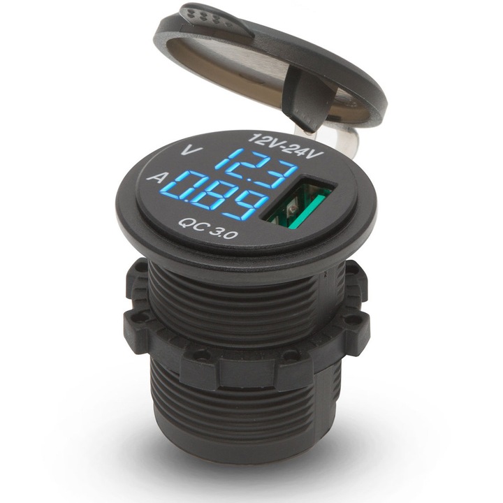 Adaptor USB cu montare in locul brichetei cu voltmetru, MNC, negru