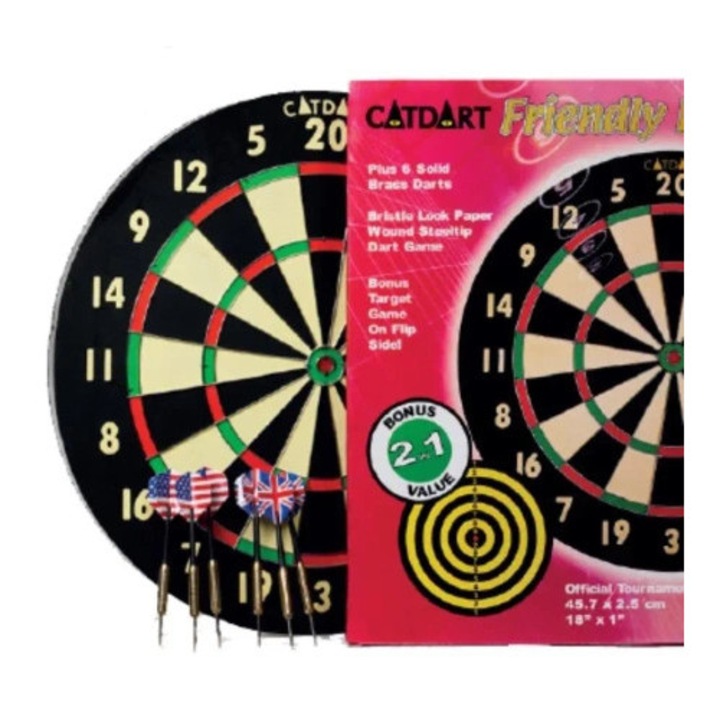 Tactic darts szett, természetes anyagú tábla, 45,7cm, 6 db 20g-os fém nyíl, többszínű