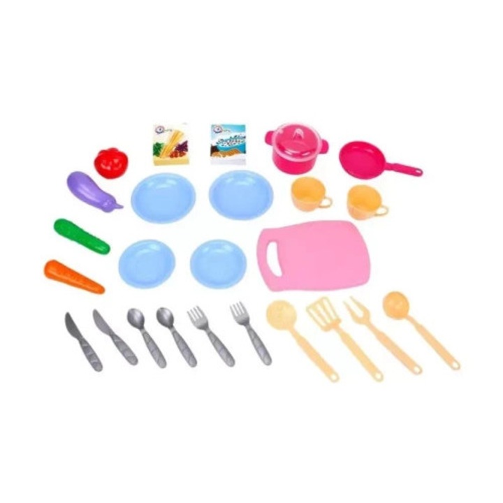 Set bucatarie copii 14 piese, TechnoK, blat cu chiuveta, accesorii, multicolor, 52,5x31,5x8cm