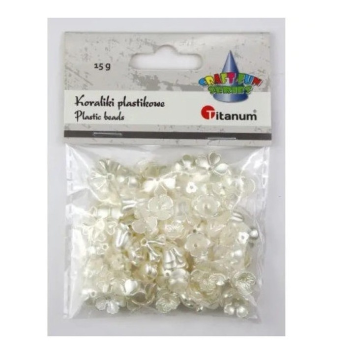 Set de artizanat, Titanum, margele plastice flori albe perlate, 15g