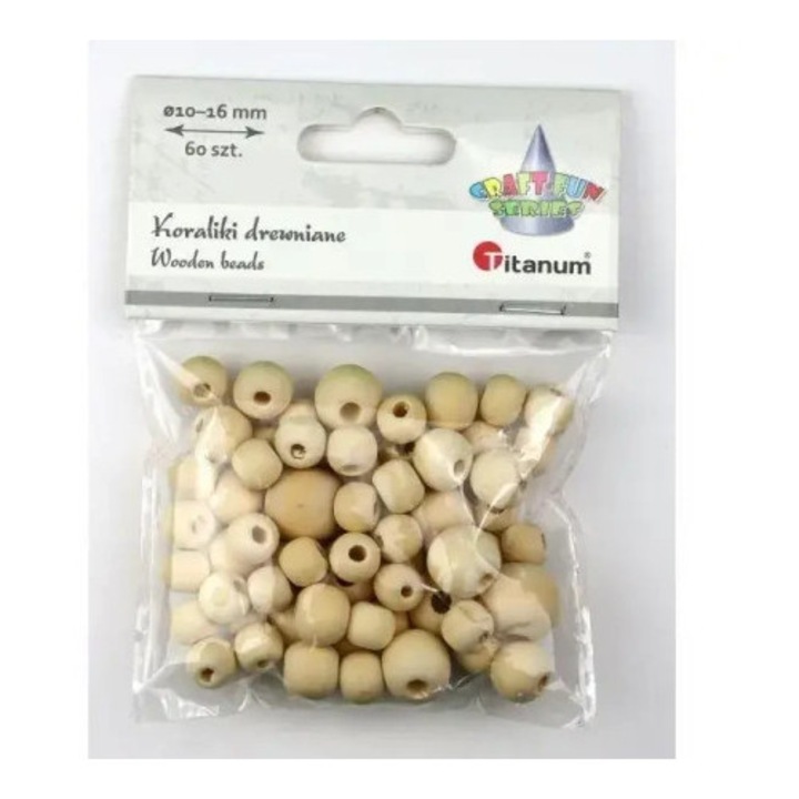 Set de 60 margele din lemn rotunde, Titanum, 10x12x14x16mm, natural