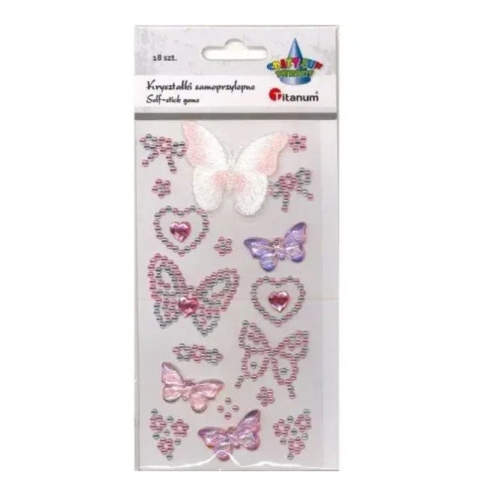 Kézműves készlet, Titanum, öntapadós pillangó kristályok, rózsaszín, 18 darab