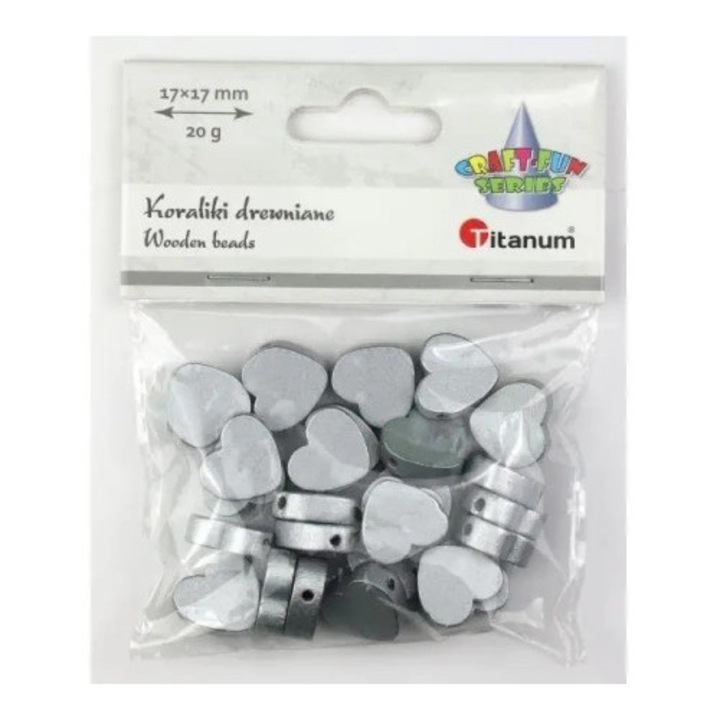 Set de artizanat, Titanum, margele din lemn inimioare, 17x17mm, 6mm, argintii