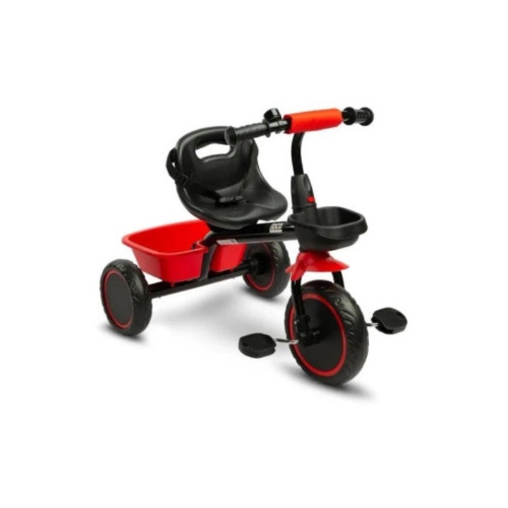 Tricicleta Loco, TOYZ, rosie, 3-5 ani, cadru metalic, roti din spuma EVA, 2 cosuri