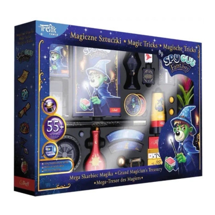 Set de trucuri magice Mega Skarbiec Magika, Trefl, 55 trucuri, cuburi, carti
