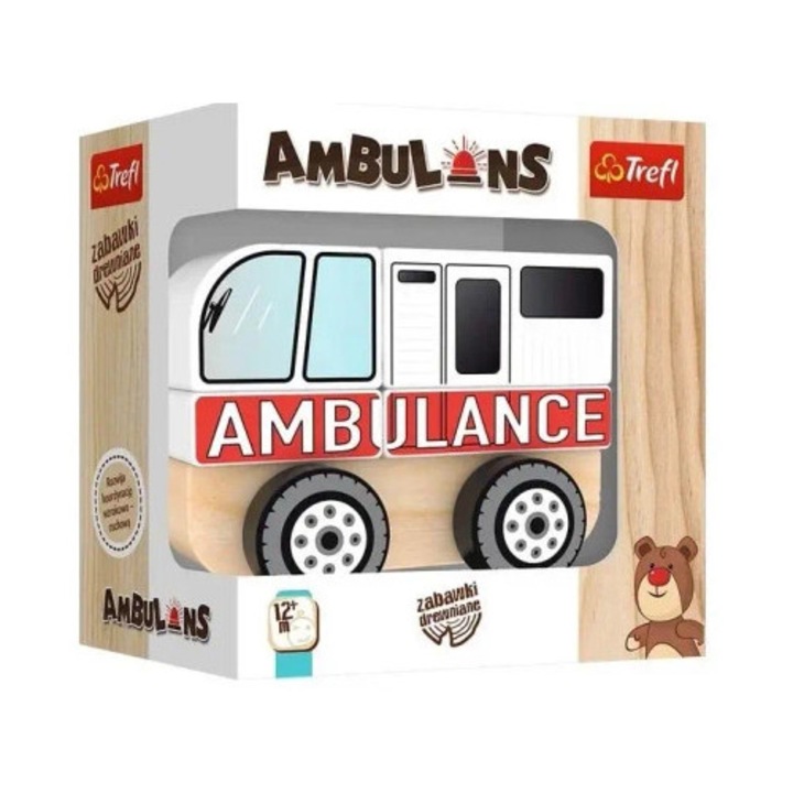 Masinuta din lemn, Trefl, Ambulans, elemente mobile, culori netoxice